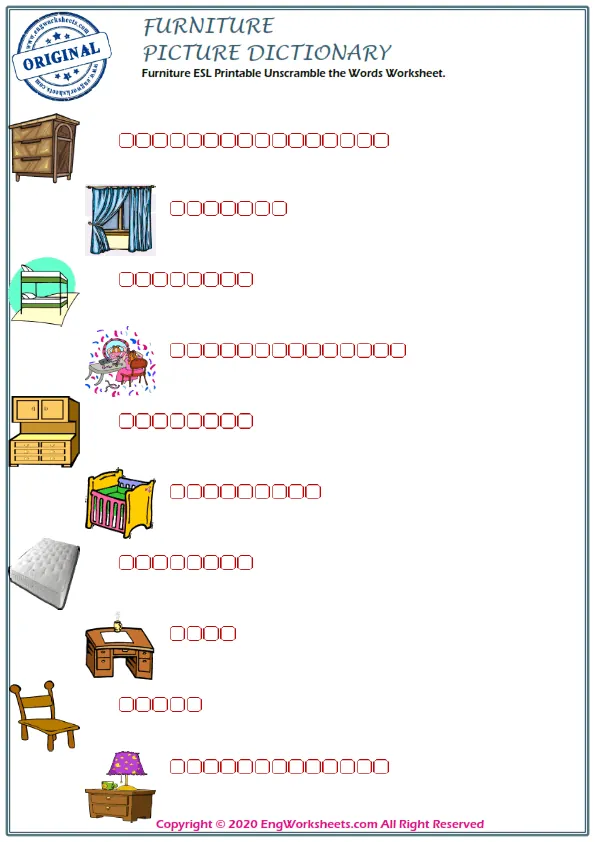 Furniture ESL Printable Unscramble the Words Worksheet. Worksheet Preview