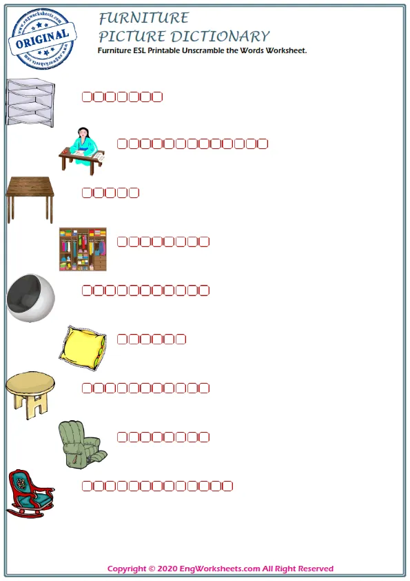Furniture ESL Printable Unscramble the Words Worksheet.