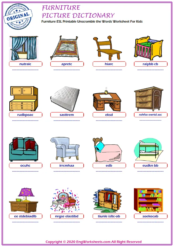 Furniture ESL Printable Unscramble the Words Worksheet For Kids Worksheet Preview