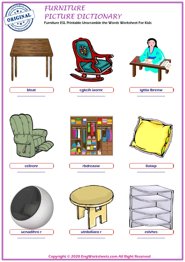 Furniture ESL Printable Unscramble the Words Worksheet For Kids Worksheet Preview