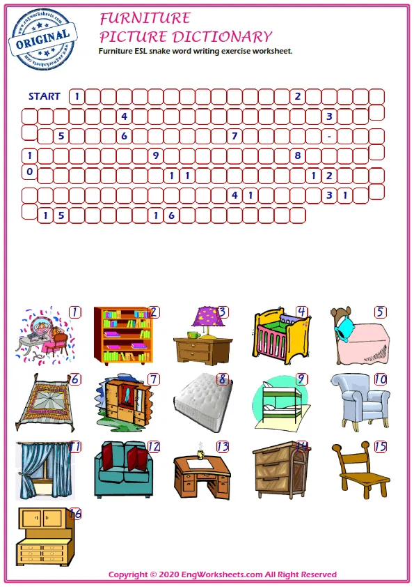 Furniture ESL snake word writing exercise worksheet. Worksheet Preview