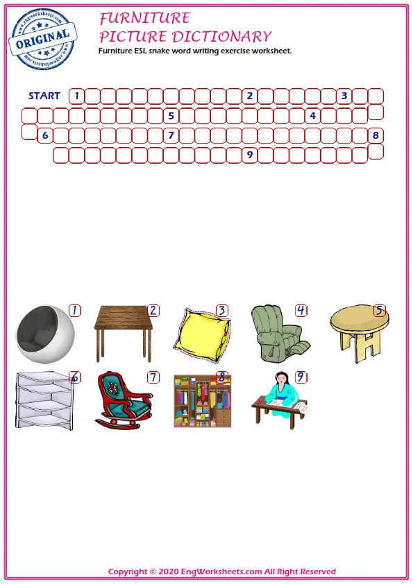 Furniture ESL snake word writing exercise worksheet.