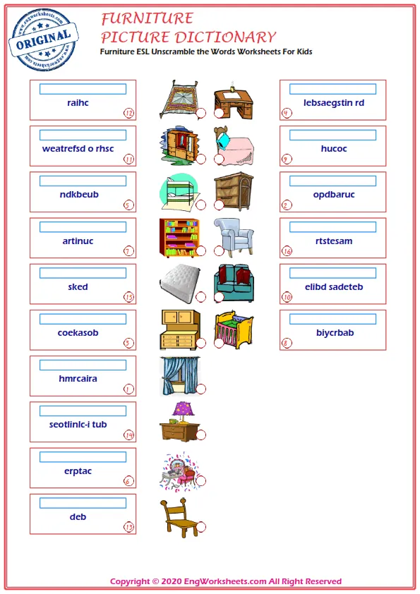 Furniture ESL Unscramble the Words Worksheets For Kids Worksheet Preview