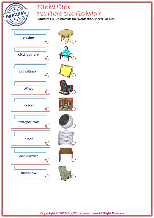 Furniture ESL Unscramble the Words Worksheets For Kids Worksheet Preview