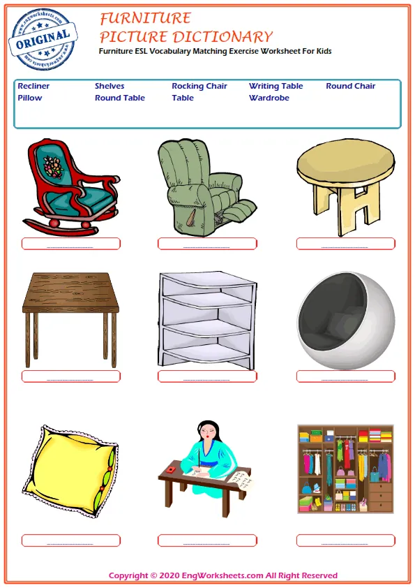 Furniture ESL Vocabulary Matching Exercise Worksheet For Kids