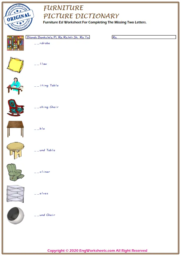 Furniture Esl Worksheet For Completing The Missing Two Letters. Worksheet Preview