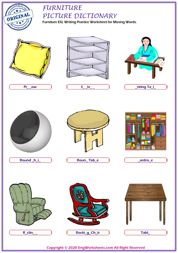 Furniture ESL Writing Practice Worksheet for Missing Words. Worksheet Preview