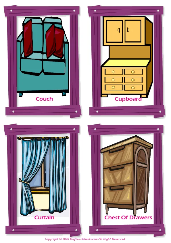 Furniture vocabulary worksheet with words, four images per page Worksheet Preview
