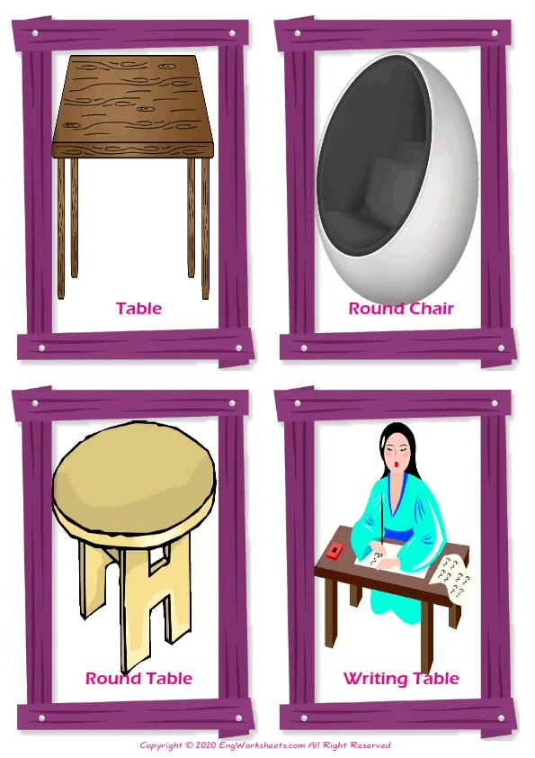 Furniture vocabulary worksheet with words, four images per page