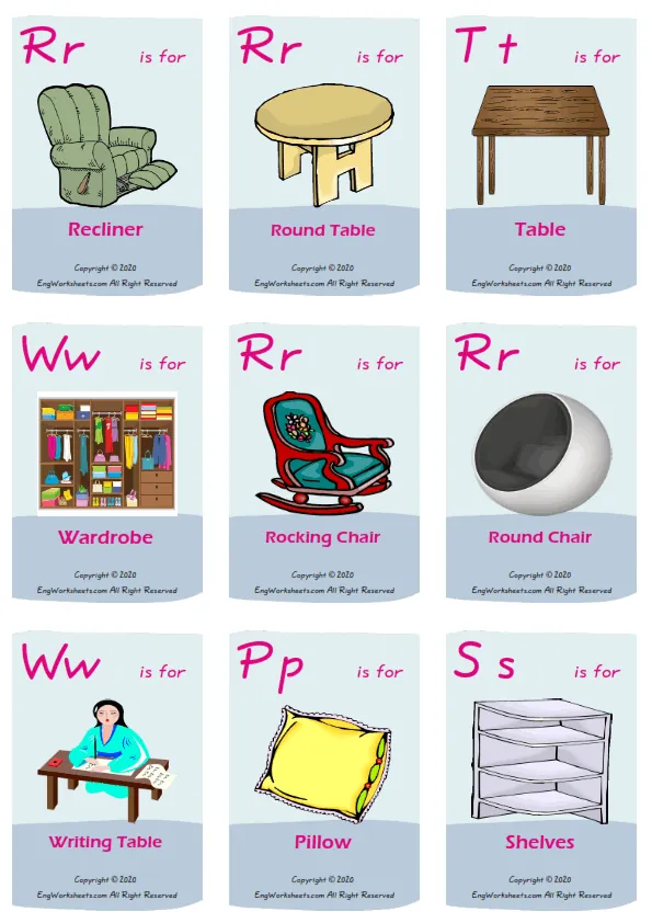 Furniture vocabulary worksheet with words, nine images per page