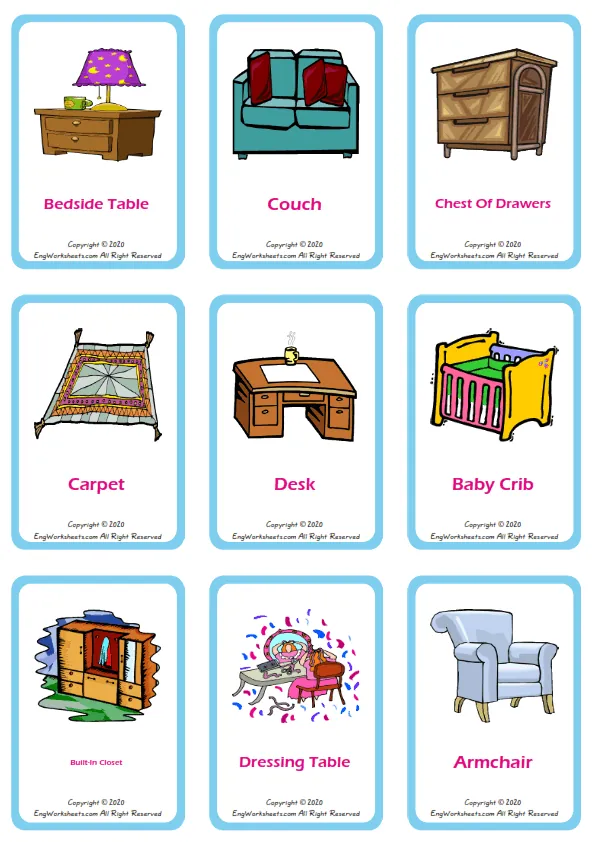 Furniture vocabulary worksheet with words, nine images per page