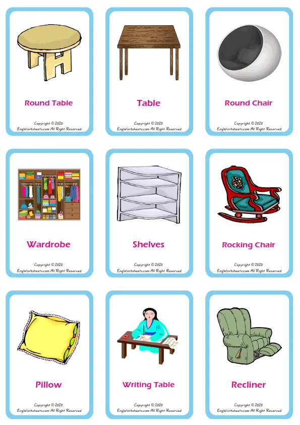 Furniture vocabulary worksheet with words, nine images per page