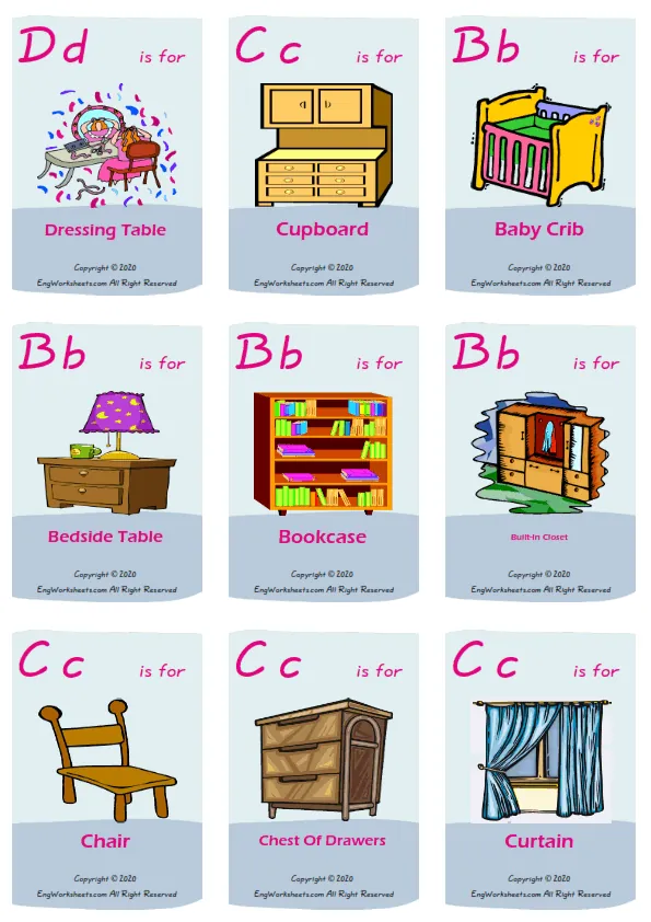 Furniture vocabulary worksheet with words, nine images per page