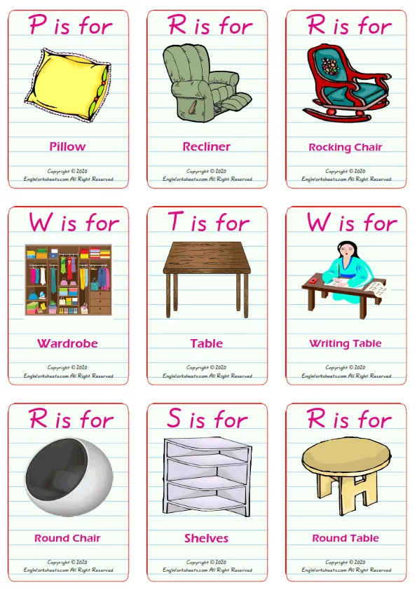 Furniture vocabulary worksheet with words, nine images per page