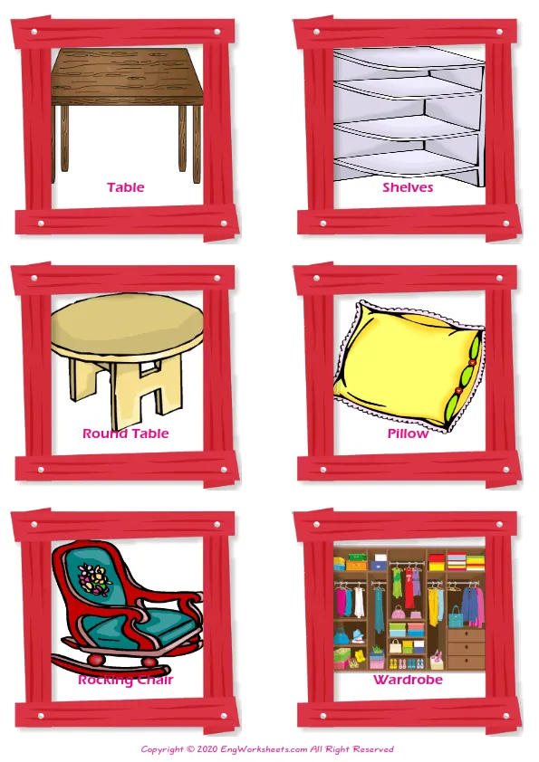 Furniture vocabulary worksheet with words, six images per page