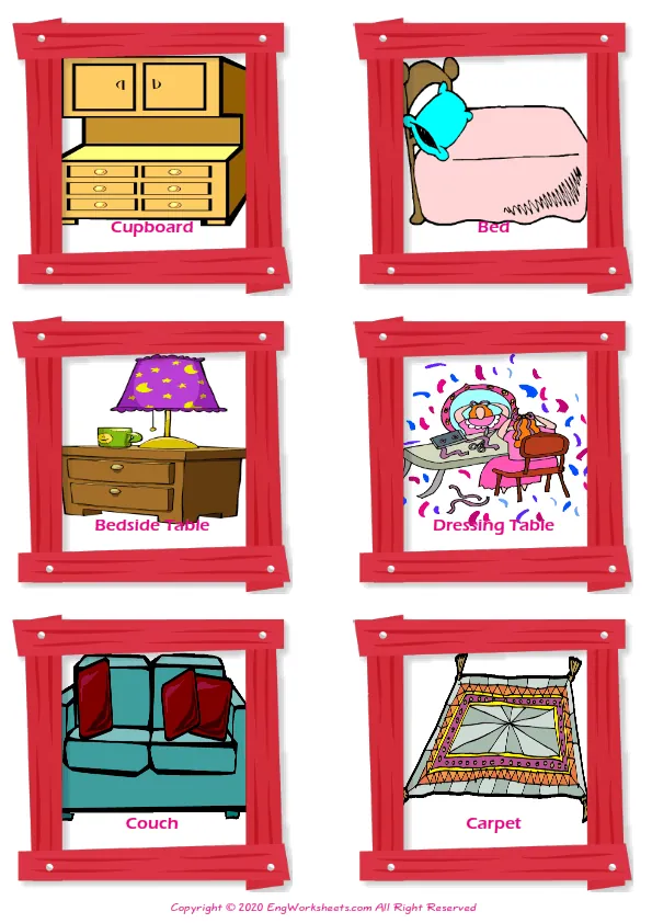 Furniture vocabulary worksheet with words, six images per page