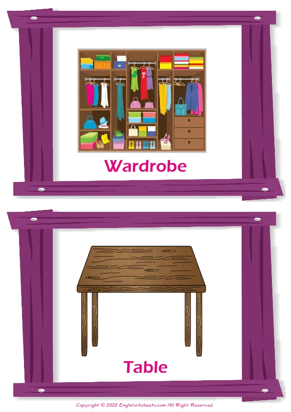 Furniture vocabulary worksheet with words, two images per page