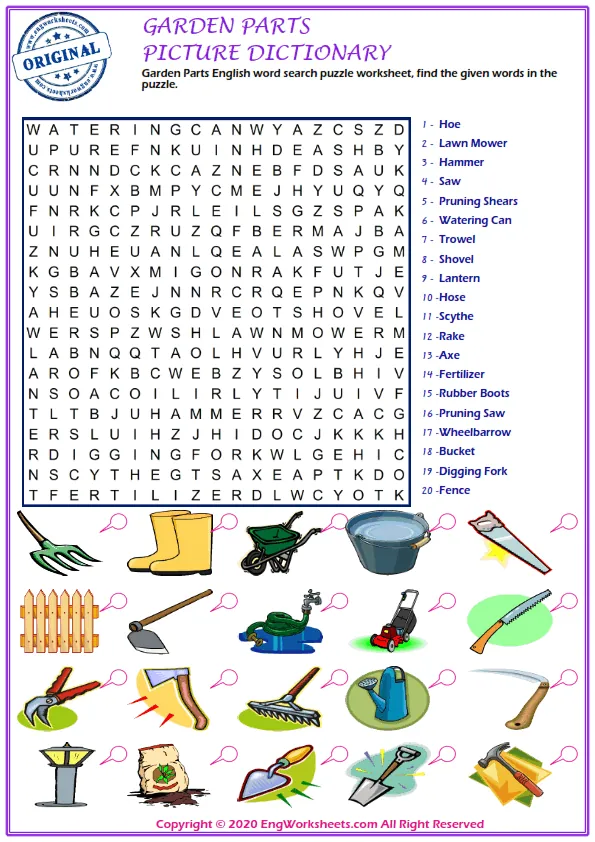 Garden Parts English word search puzzle worksheet, find the given words in the puzzle. Worksheet Preview