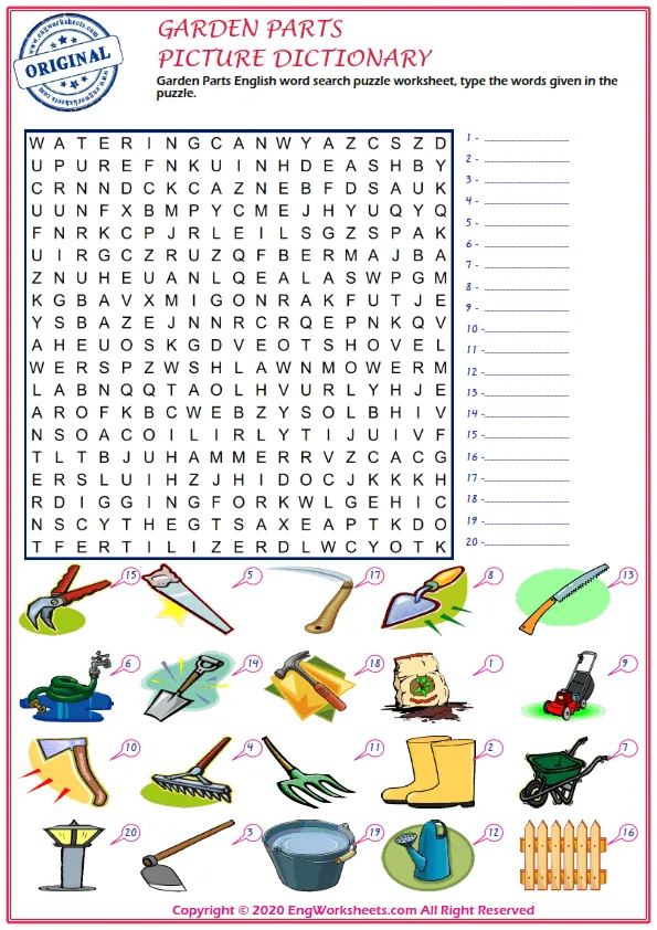 Garden Parts English word search puzzle worksheet, type the words given in the puzzle. Worksheet Preview