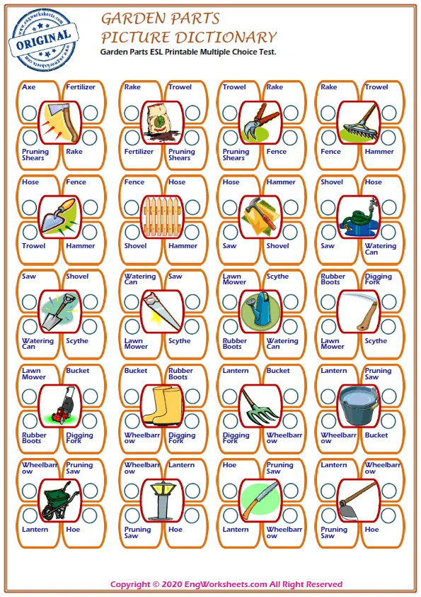 Garden Parts ESL Printable Multiple Choice Test. Worksheet Preview