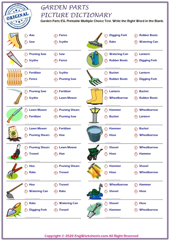 Garden Parts ESL Printable Multiple Choice Test. Write the Right Word in the Blank.