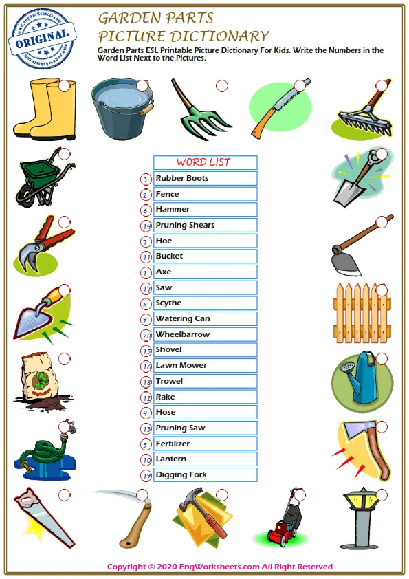Garden Parts ESL Printable Picture Dictionary For Kids. Write the Numbers in the Word List Next to the Pictures. Worksheet Preview