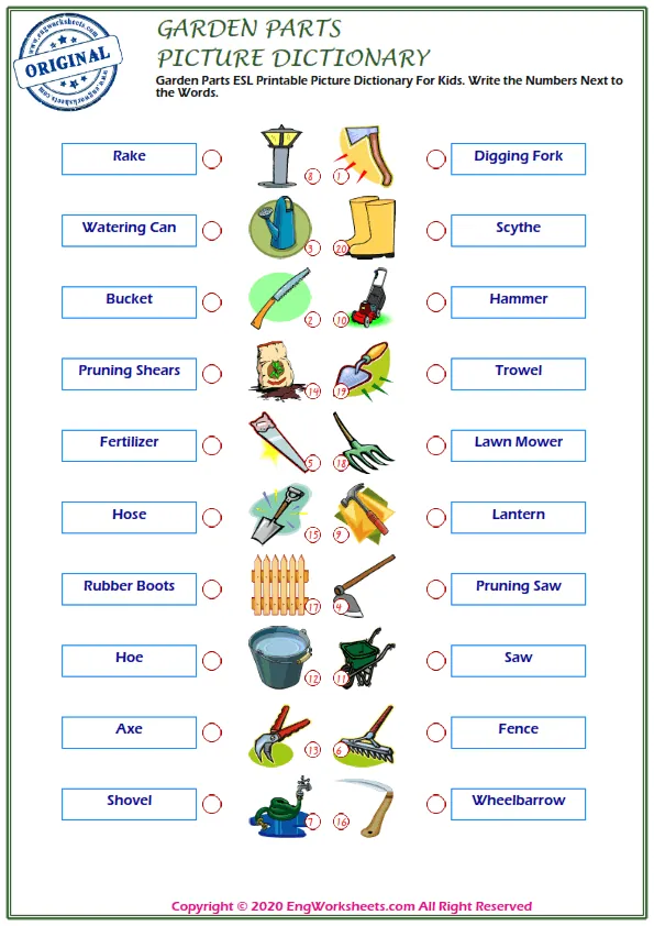 Garden Parts ESL Printable Picture Dictionary For Kids. Write the Numbers Next to the Words.