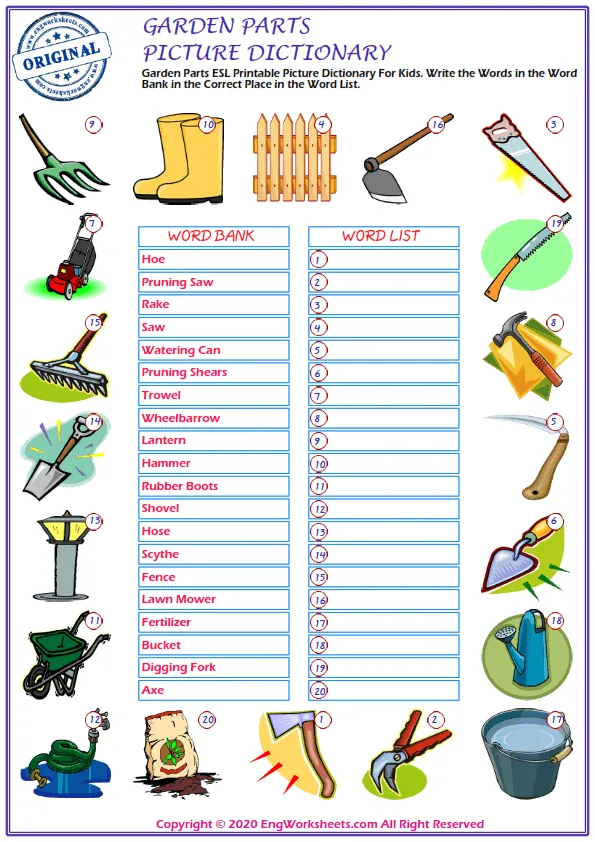 Garden Parts ESL Printable Picture Dictionary For Kids. Write the Words in the Word Bank in the Correct Place in the Word List.