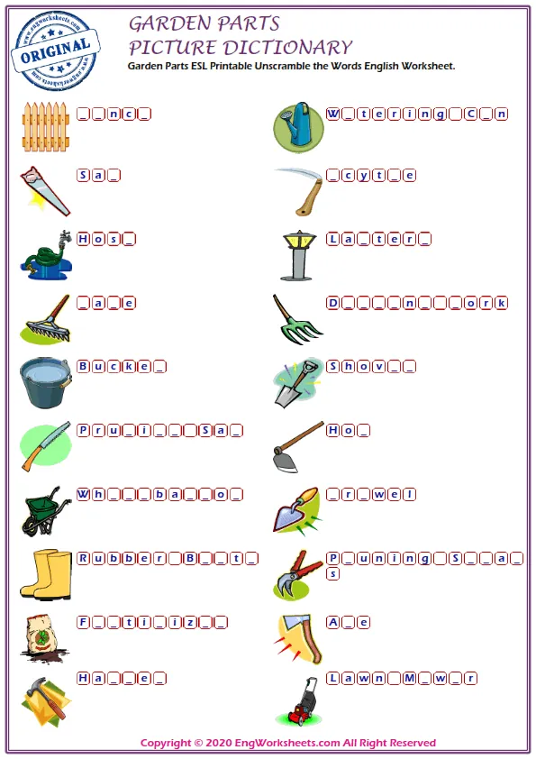 Garden Parts ESL Printable Unscramble the Words English Worksheet.