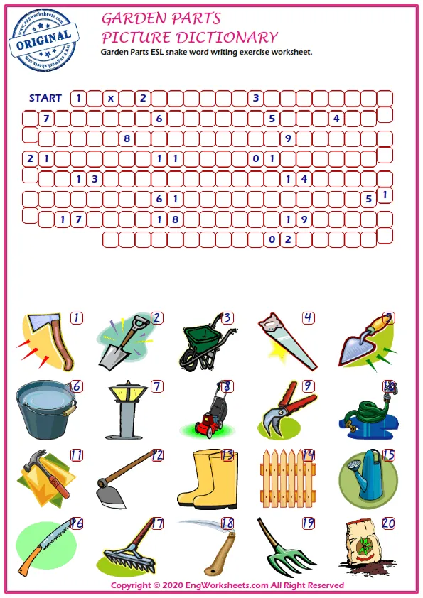 Garden Parts ESL snake word writing exercise worksheet. Worksheet Preview