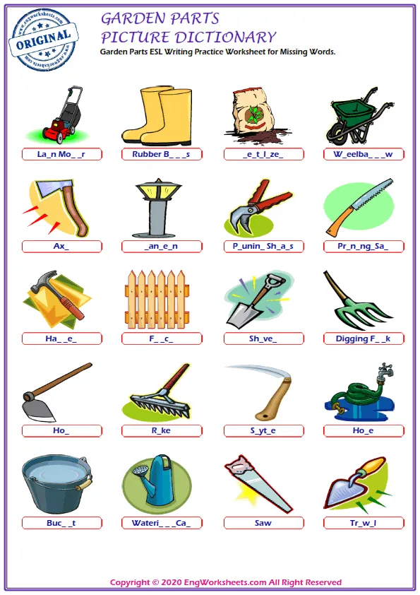 Garden Parts ESL Writing Practice Worksheet for Missing Words. Worksheet Preview