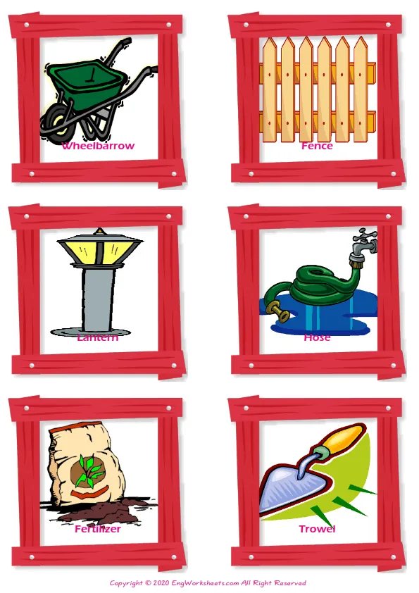 Garden Parts vocabulary worksheet with words, six images per page