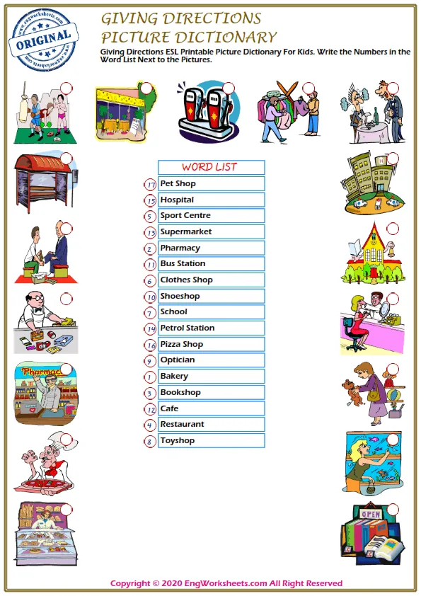 Giving Directions ESL Printable Picture Dictionary For Kids. Write the Numbers in the Word List Next to the Pictures.