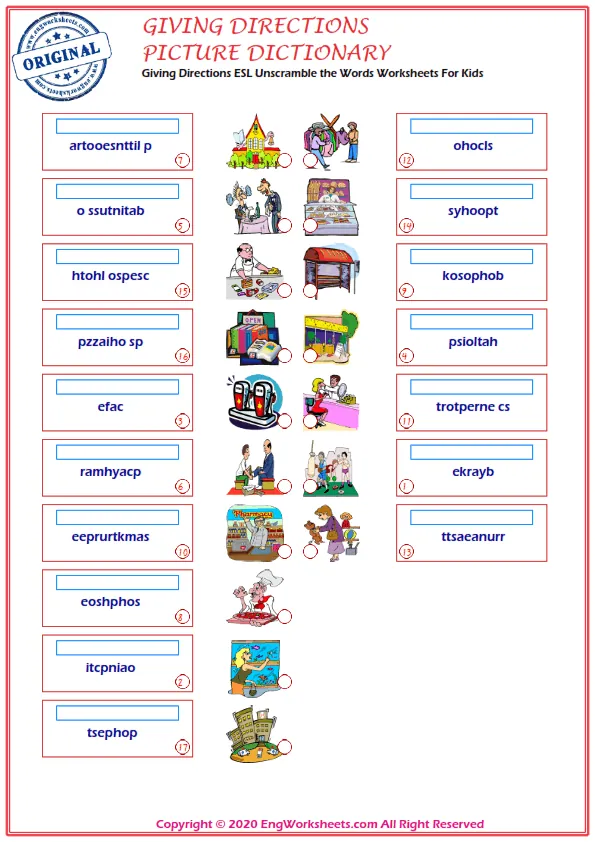 Giving Directions ESL Unscramble the Words Worksheets For Kids
