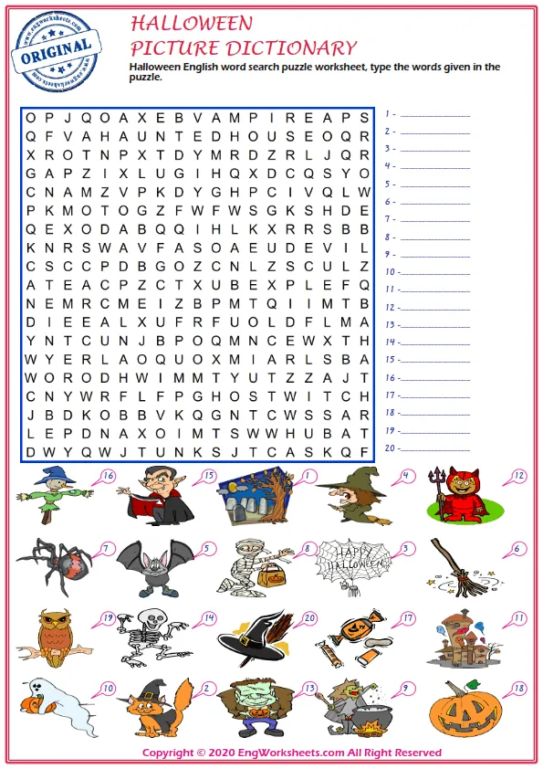 Halloween English word search puzzle worksheet, type the words given in the puzzle. Worksheet Preview