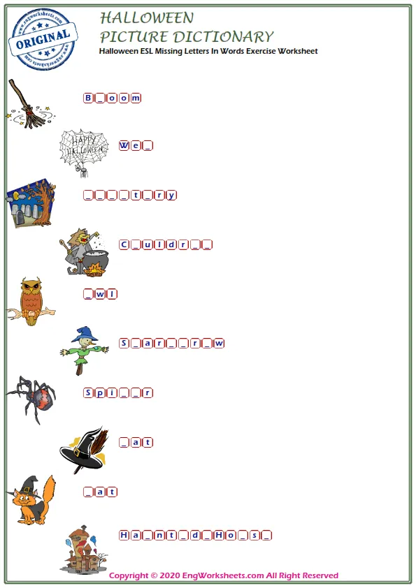 Halloween ESL Missing Letters In Words Exercise Worksheet Worksheet Preview