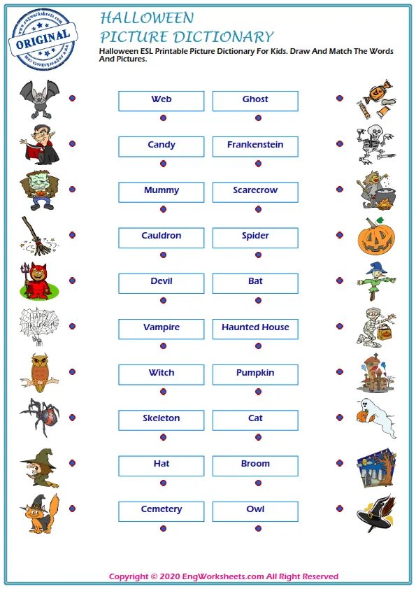 Halloween ESL Printable Picture Dictionary For Kids. Draw And Match The Words And Pictures. Worksheet Preview
