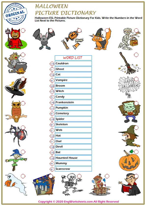 Halloween ESL Printable Picture Dictionary For Kids. Write the Numbers in the Word List Next to the Pictures. Worksheet Preview