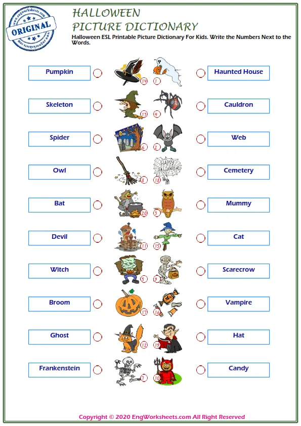 Halloween ESL Printable Picture Dictionary For Kids. Write the Numbers Next to the Words. Worksheet Preview