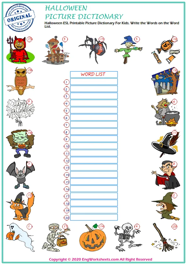 Halloween ESL Printable Picture Dictionary For Kids. Write the Words on the Word List. Worksheet Preview