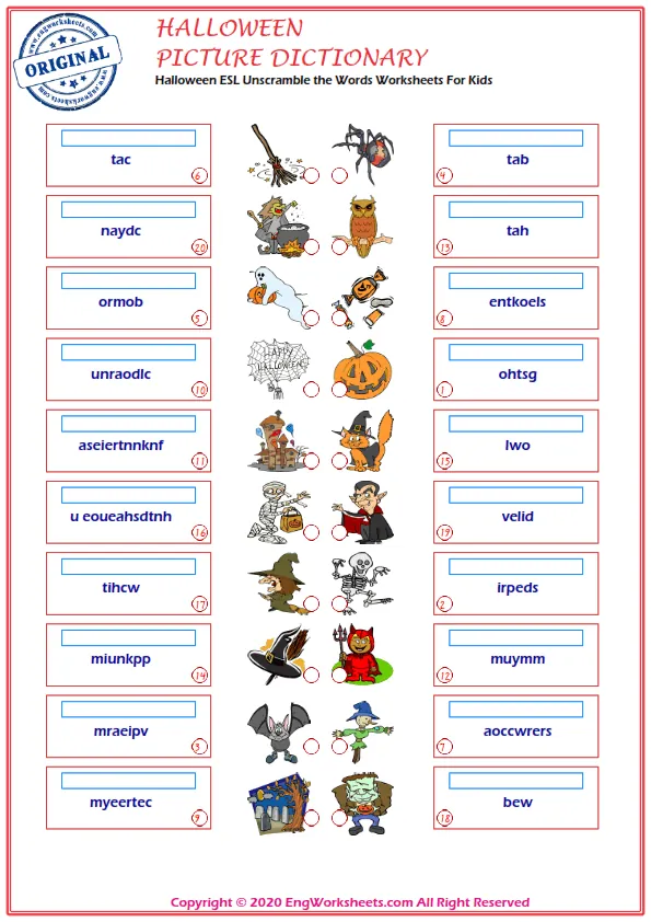 Halloween ESL Unscramble the Words Worksheets For Kids Worksheet Preview