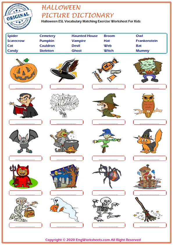 Halloween ESL Vocabulary Matching Exercise Worksheet For Kids Worksheet Preview