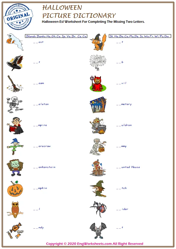 Halloween Esl Worksheet For Completing The Missing Two Letters. Worksheet Preview