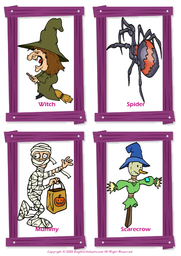 Halloween vocabulary worksheet with words, four images per page Worksheet Preview