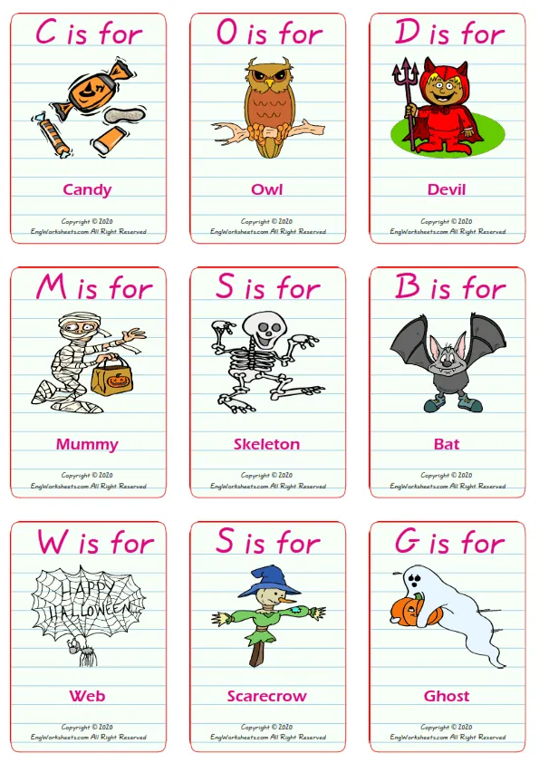 Halloween vocabulary worksheet with words, nine images per page Worksheet Preview