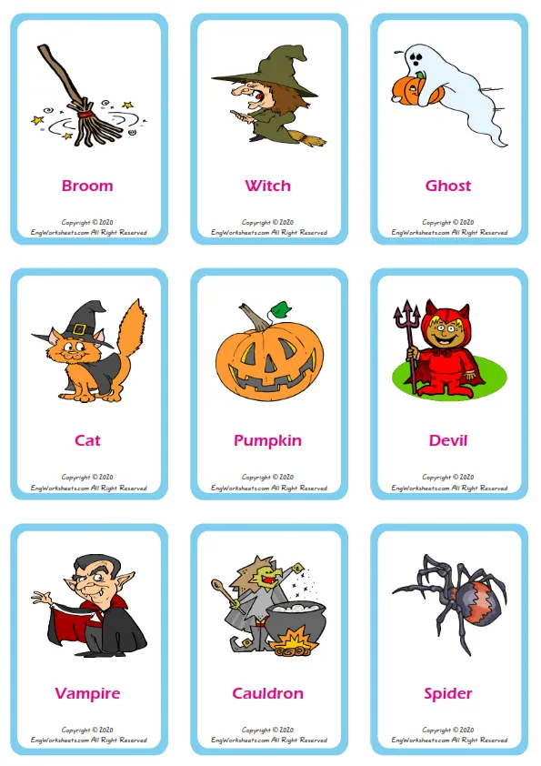 Halloween vocabulary worksheet with words, nine images per page Worksheet Preview