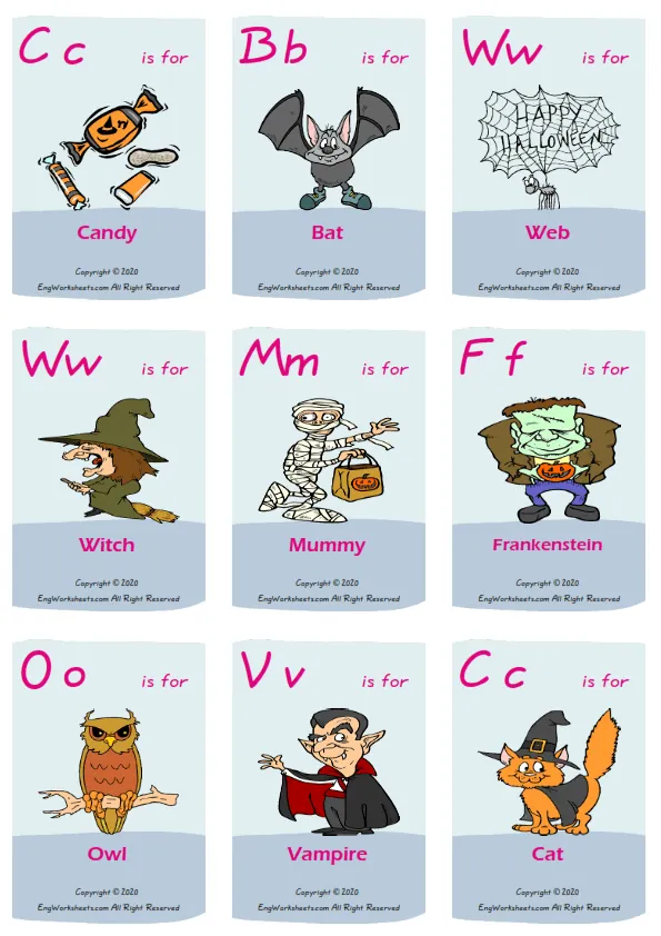 Halloween vocabulary worksheet with words, nine images per page Worksheet Preview