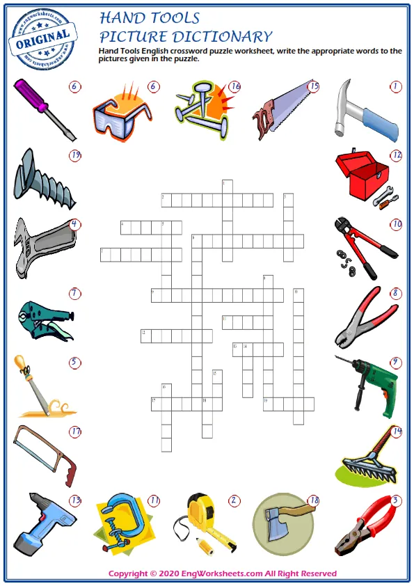 Hand Tools English crossword puzzle worksheet, write the appropriate words to the pictures given in the puzzle. Worksheet Preview