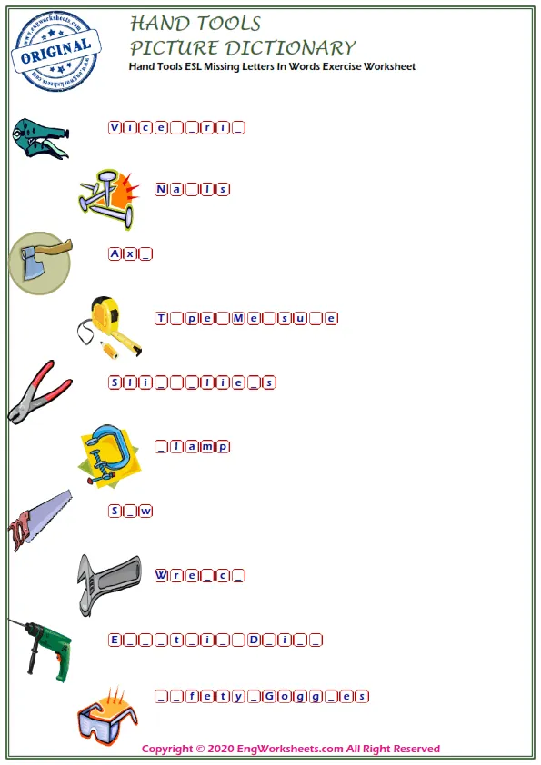 Hand Tools ESL Missing Letters In Words Exercise Worksheet Worksheet Preview