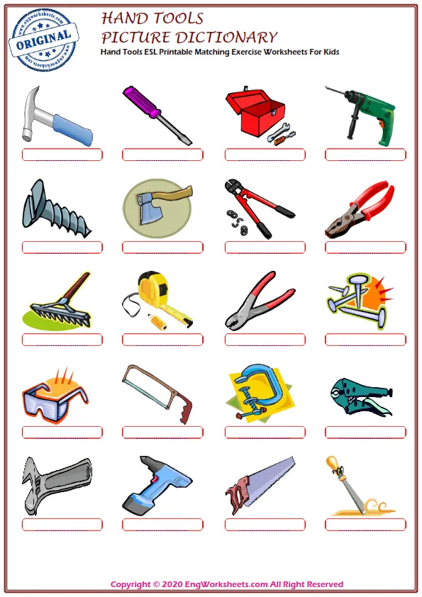 Hand Tools ESL Printable Matching Exercise Worksheets For Kids Worksheet Preview